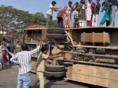Lucky escape for 60 students as bus hits median & flips on Hyd-B’luru highway | Hyderabad News